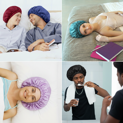 Vier Personen tragen die DreamCap Satinhaube in Bett und Badezimmer