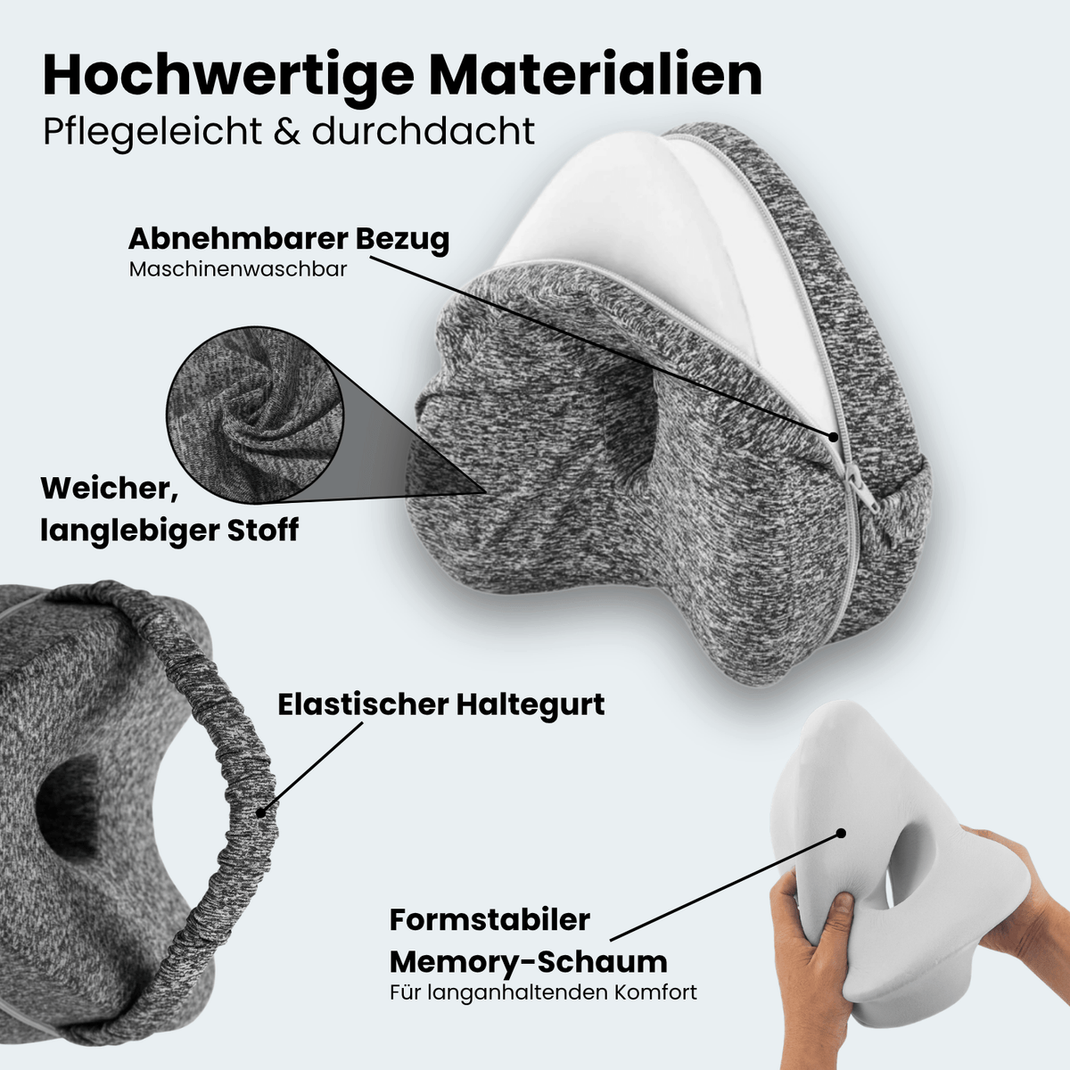 Features of the KneeFit: removable washable cover, elastic strap and shape-retaining memory foam