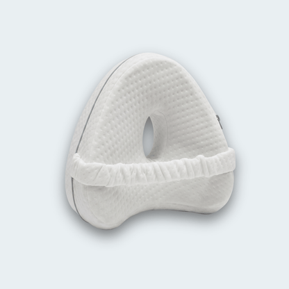 KneeFit knee pillow in white with elastic strap and central cut-out